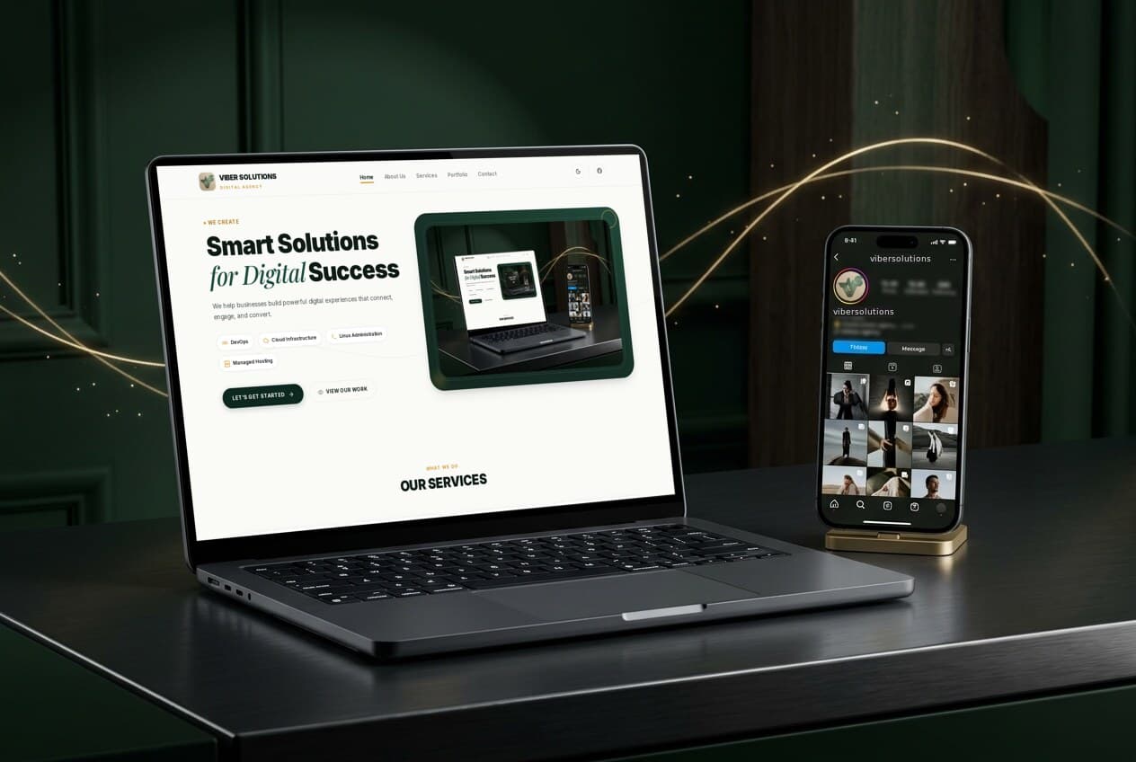 A laptop and phone on a desk, the laptop showing the Viber Solutions website